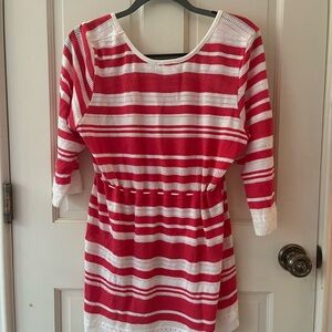 red and white striped, knit dress, coverup, casual, sporty, drawstring, light
